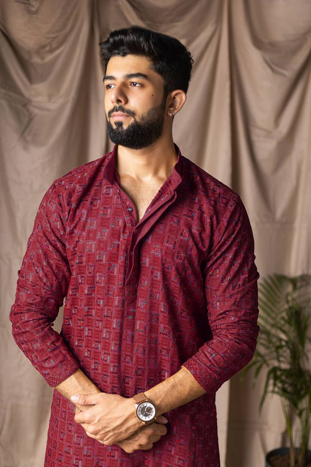 Men's Maroon Embroidered Rayon Kurta Set