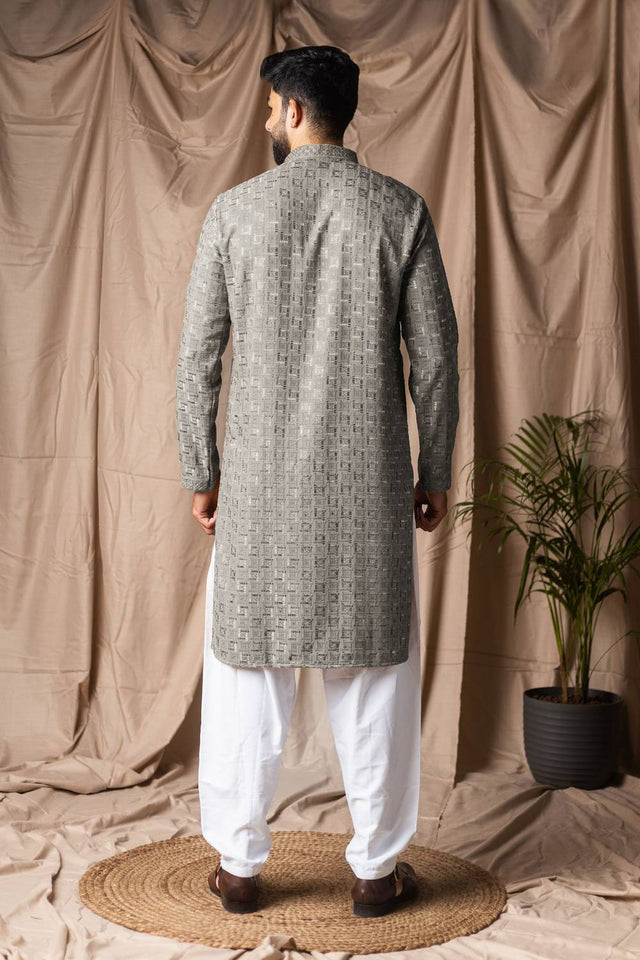 Men's Grey Embroidered Rayon Kurta Set