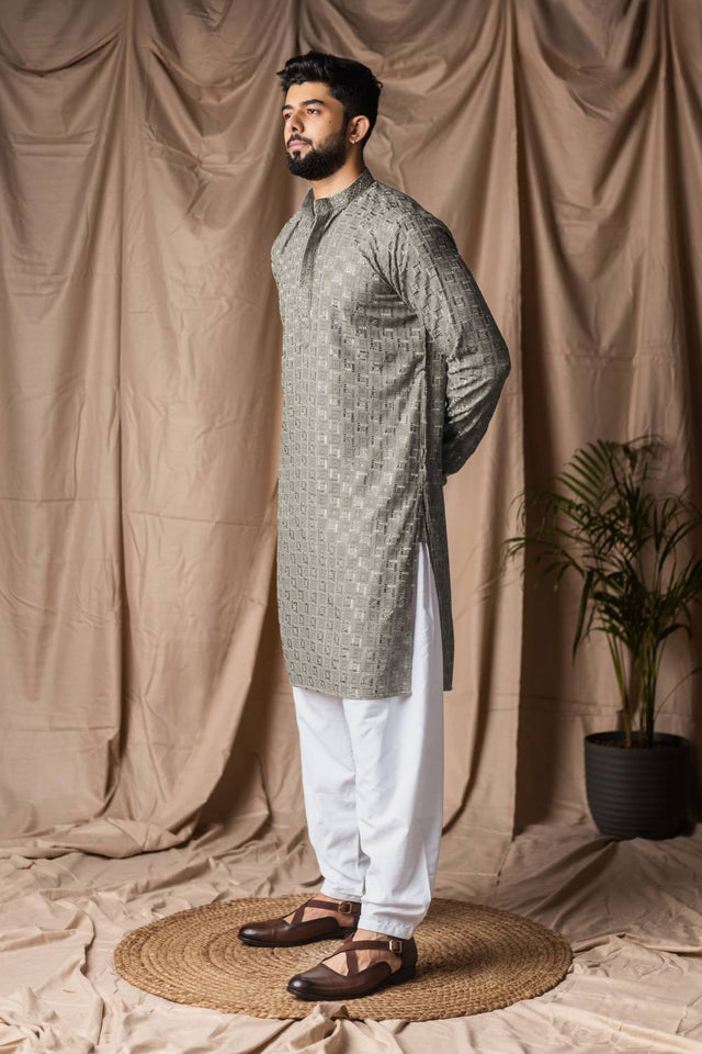 Men's Grey Embroidered Rayon Kurta Set