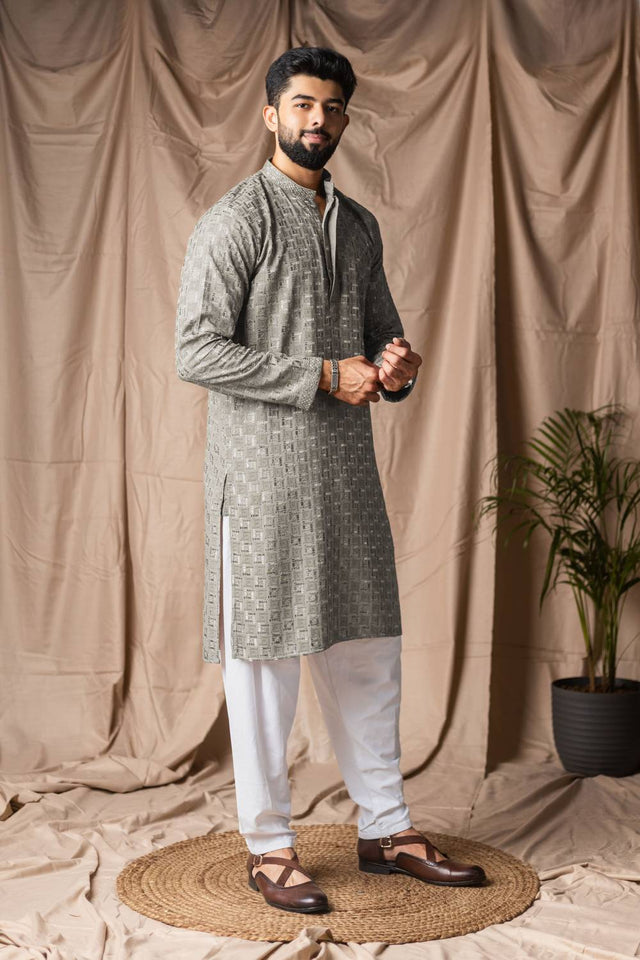 Men's Grey Embroidered Rayon Kurta Set