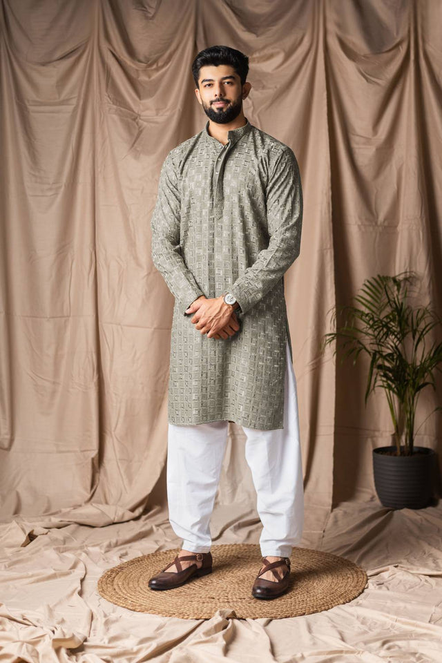 Men's Grey Embroidered Rayon Kurta Set