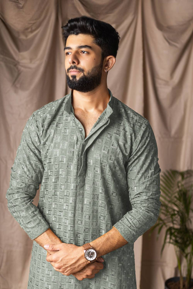 Men's Green Embroidered Rayon Kurta Set