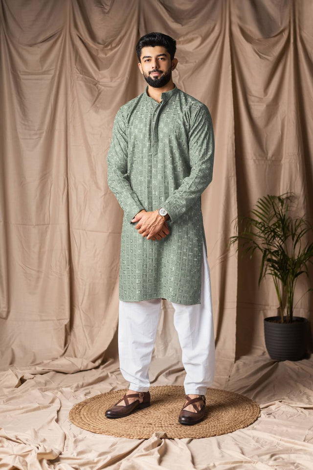 Men's Green Embroidered Rayon Kurta Set
