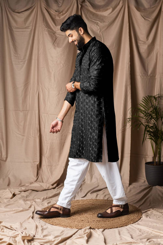 Men's Black Embroidered Rayon Kurta Set