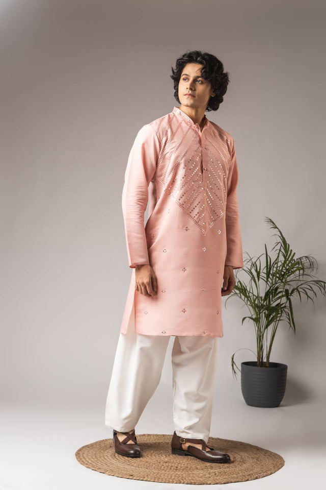 Men's Pink Embroidered Silk Blend Kurta Set