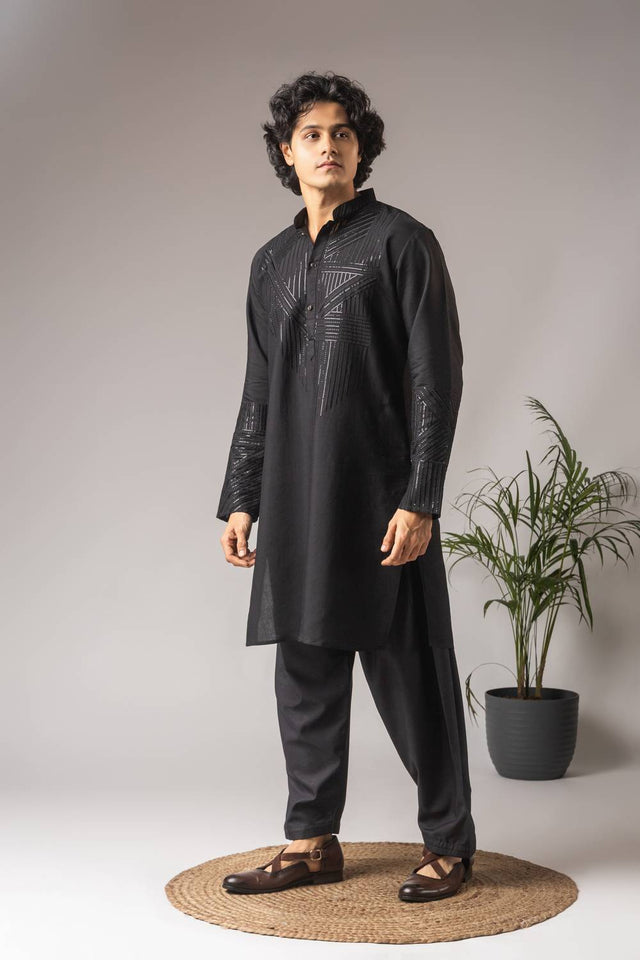 Men's Black Sequin with Embroidered Silk Blend Kurta Set