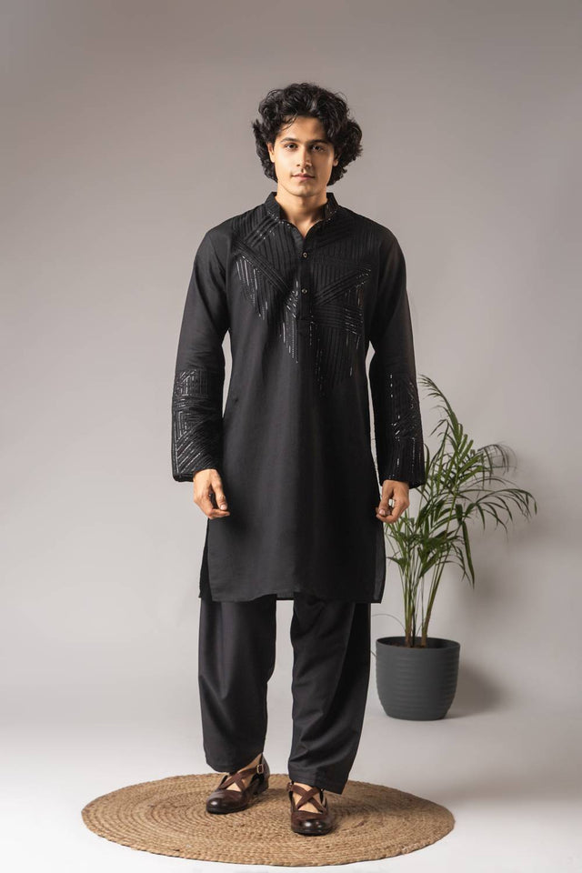 Men's Black Sequin with Embroidered Silk Blend Kurta Set