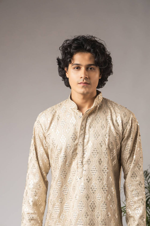 Men's Beige Embroidered Viscose Kurta Set