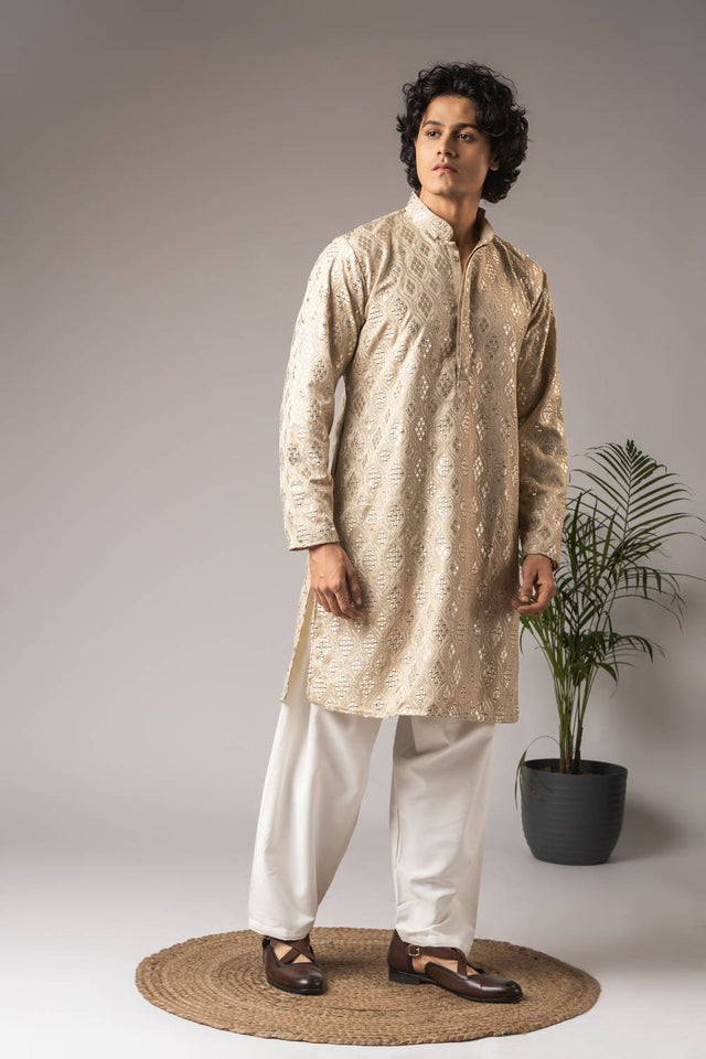 Men's Beige Embroidered Viscose Kurta Set