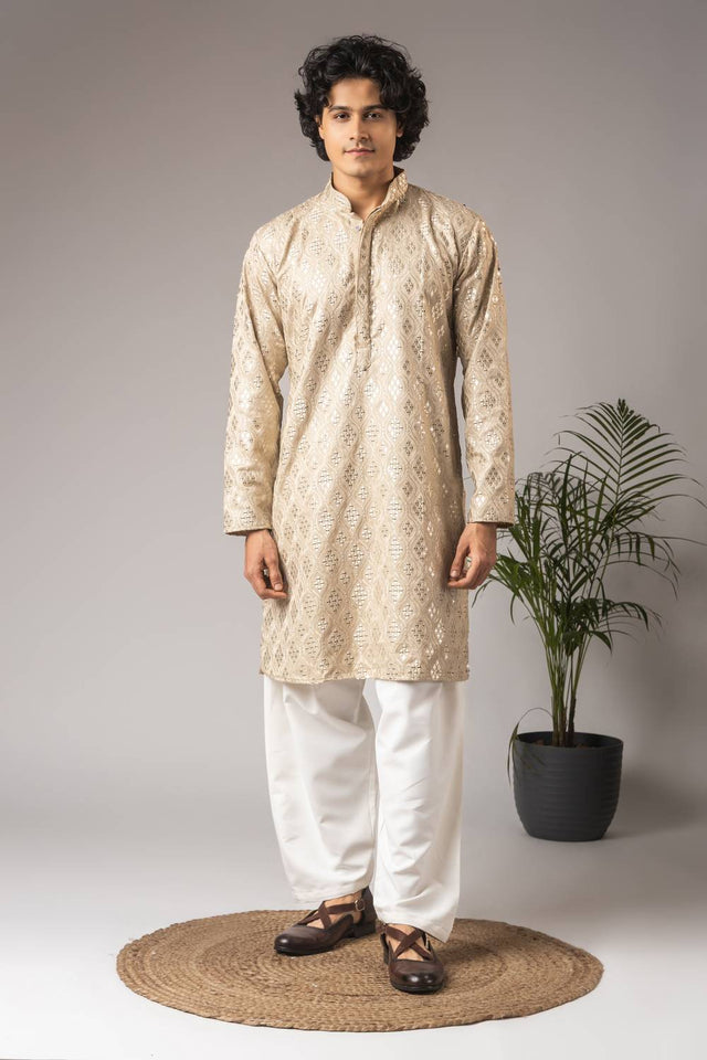 Men's Beige Embroidered Viscose Kurta Set