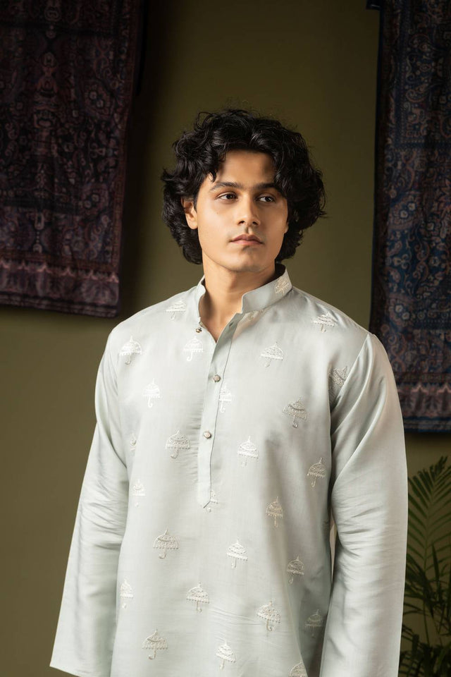 Men's Blue Embroidered Silk Blend Kurta Set