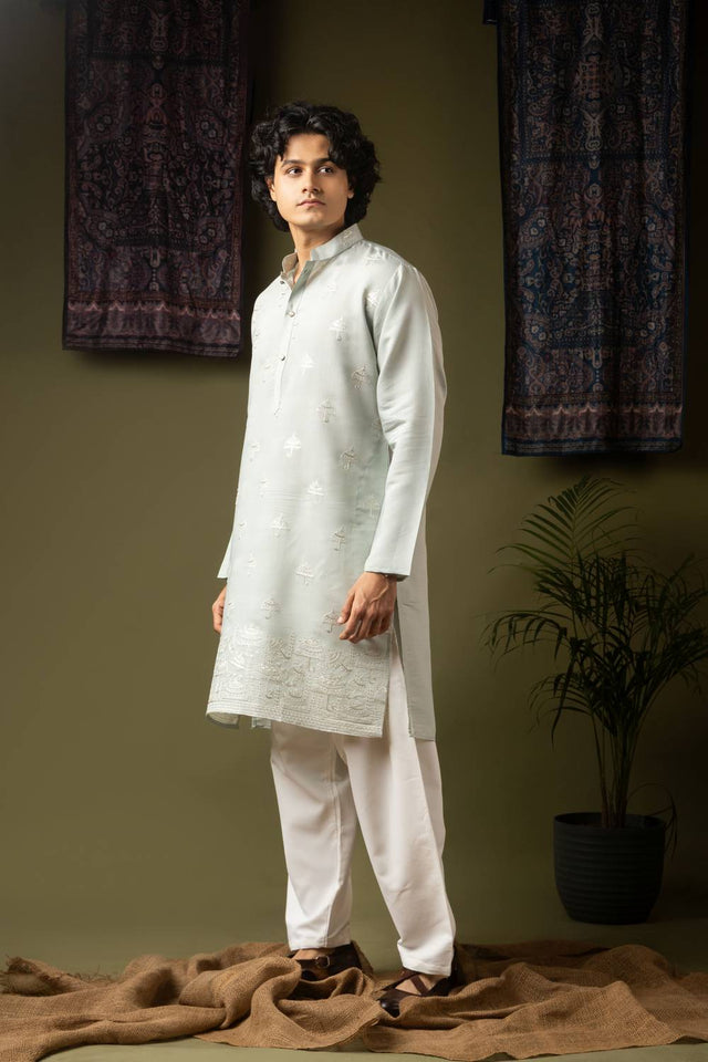 Men's Blue Embroidered Silk Blend Kurta Set