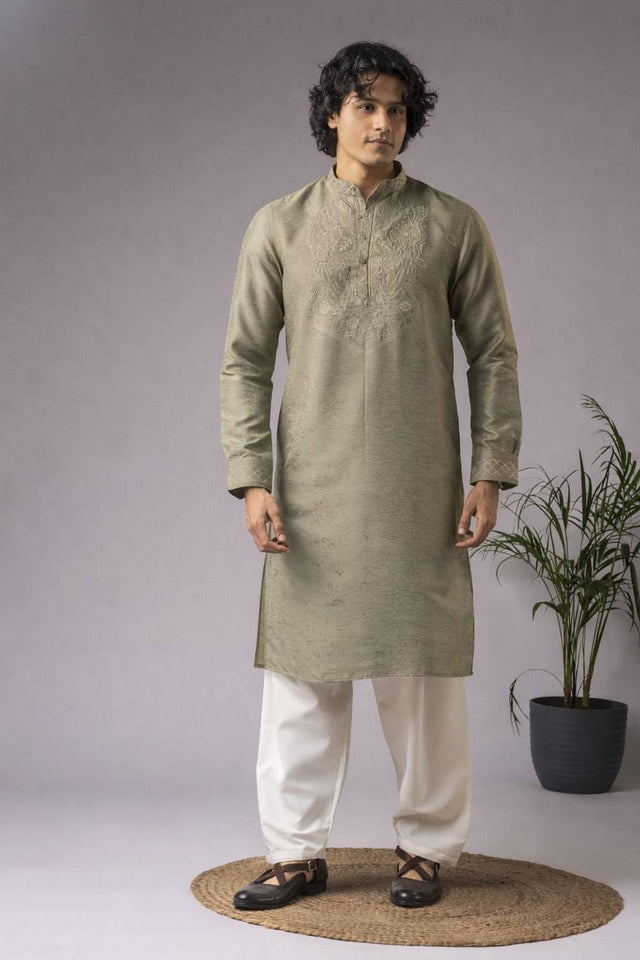 Men's Green Embroidered Viscose Kurta Set