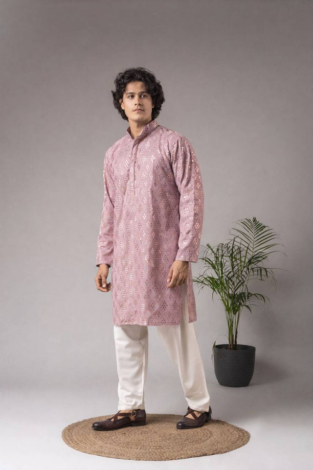 Men's Violet Embroidered Viscose Kurta Set
