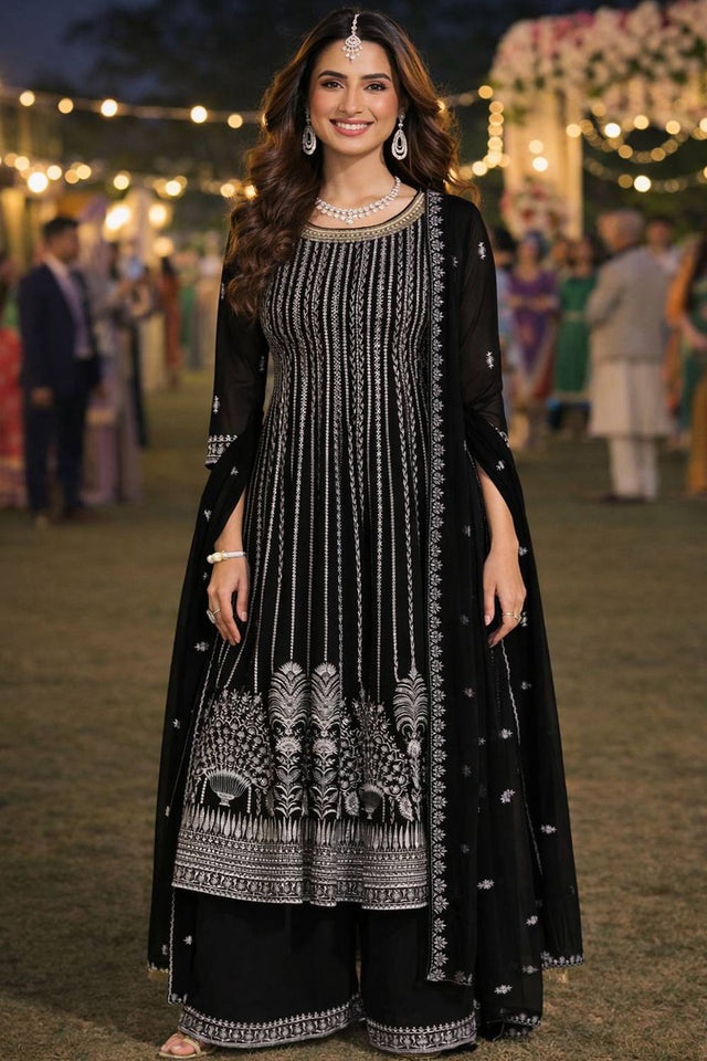 Black Embroidered Georgette Palazzo Suits