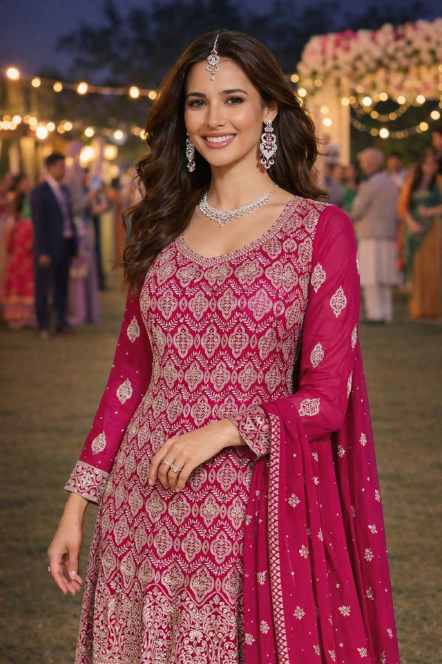 Pink Embroidered Georgette Palazzo Suits