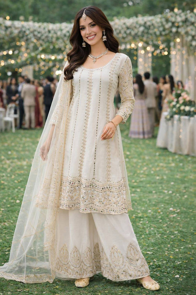 Off White Stone Embossed Chinon Palazzo Suits