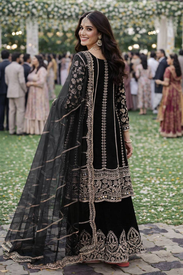 Black Embroidered Chinon Palazzo Suits