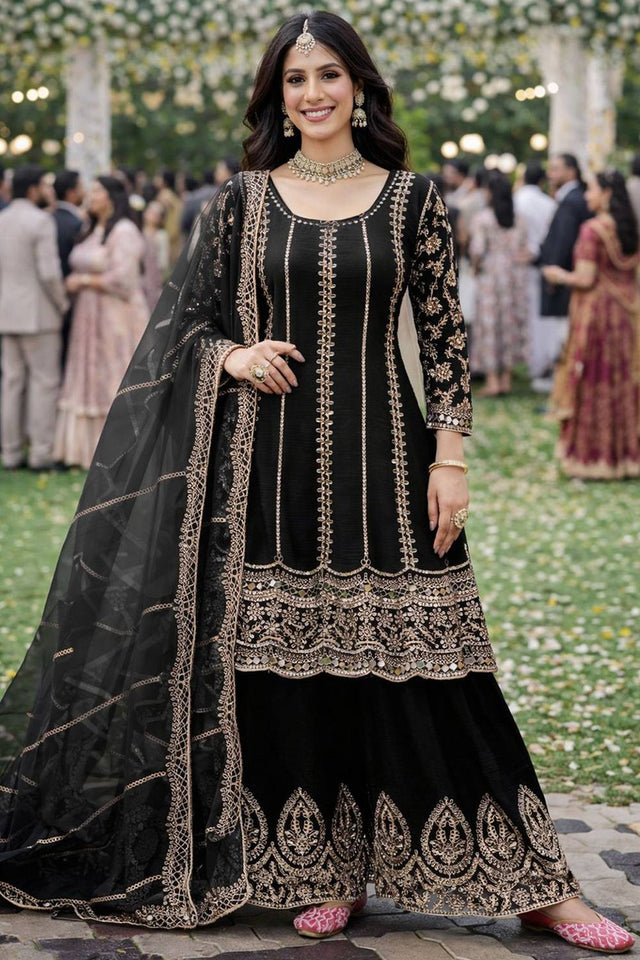 Black Embroidered Chinon Palazzo Suits