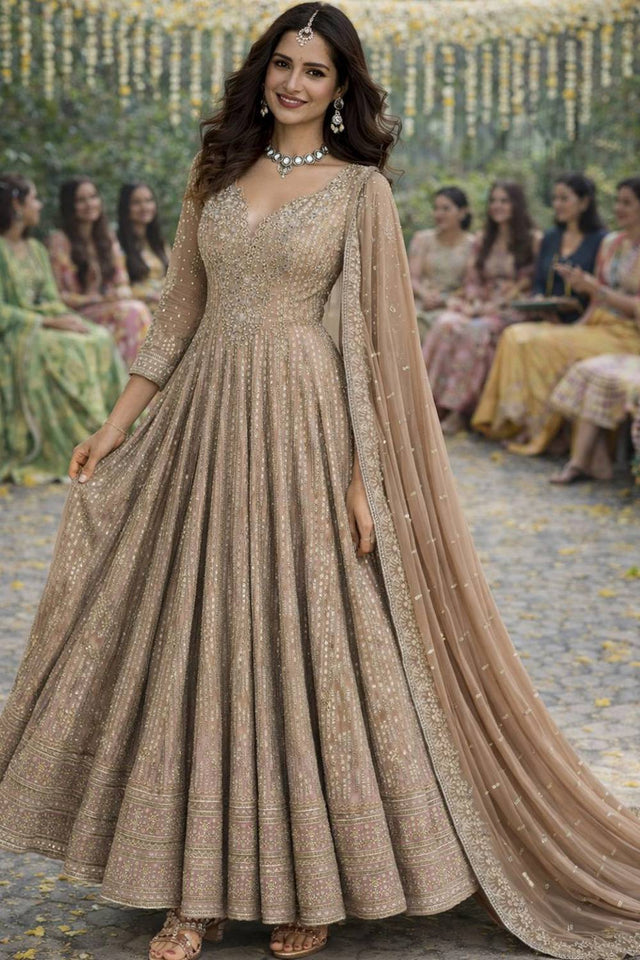 Beige Embroidered Georgette Palazzo Suits