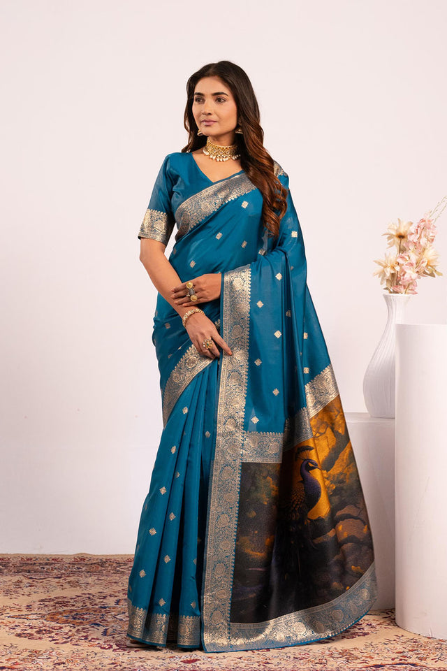 Turquoise Woven Banarasi Silk Saree