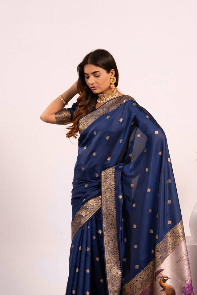 Navy Blue Woven Banarasi Silk Saree