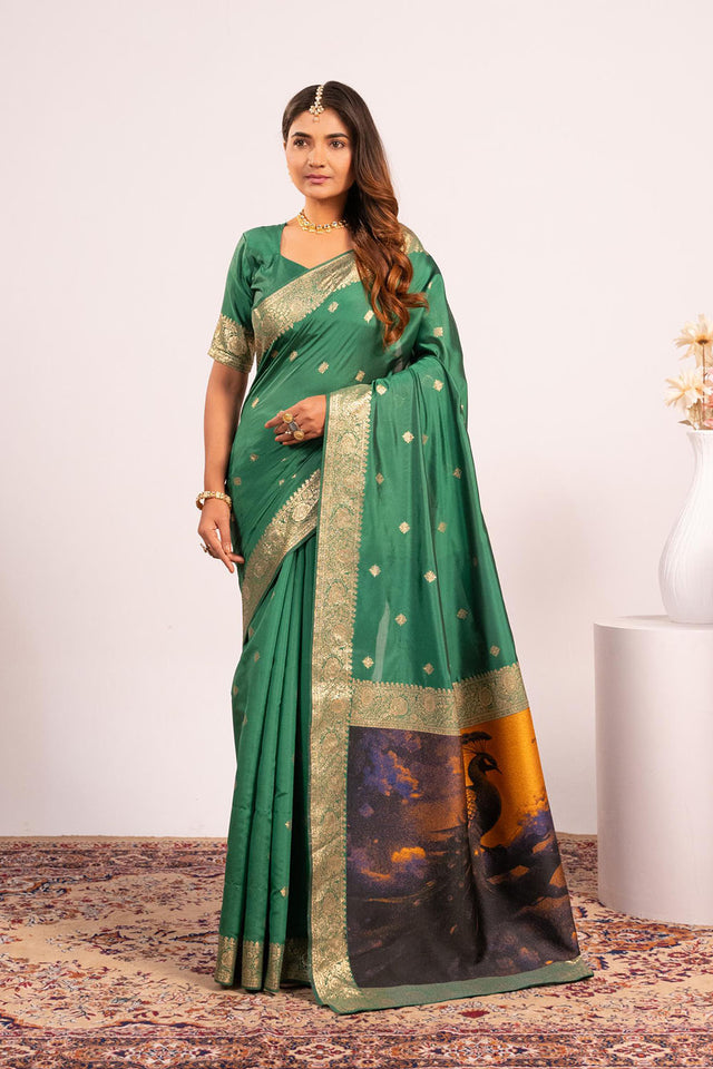 Dark Green Woven Banarasi Silk Saree
