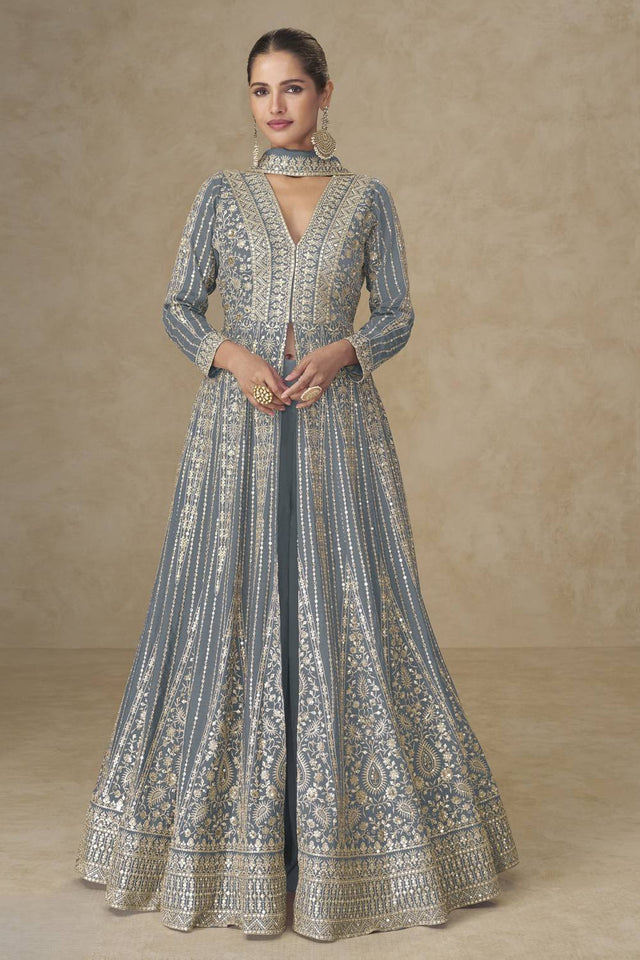 Grey Sequin with Embroidered Chinon Palazzo Suits