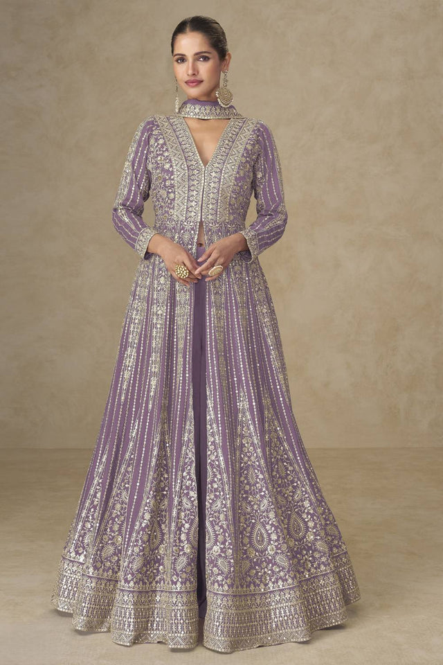 Purple Sequin with Embroidered Chinon Palazzo Suits