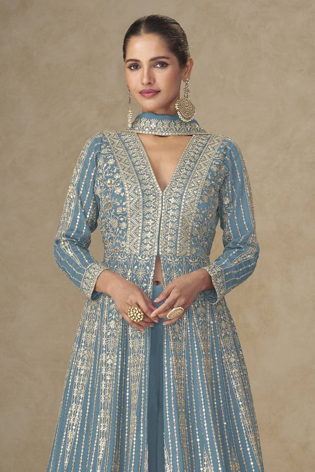 Sky Blue Sequin with Embroidered Chinon Palazzo Suits