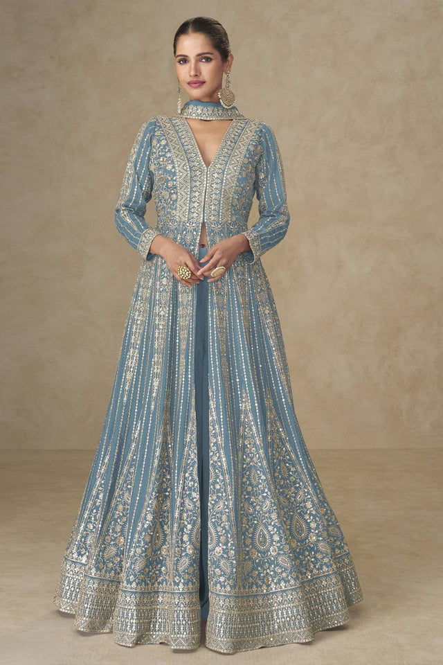 Sky Blue Sequin with Embroidered Chinon Palazzo Suits