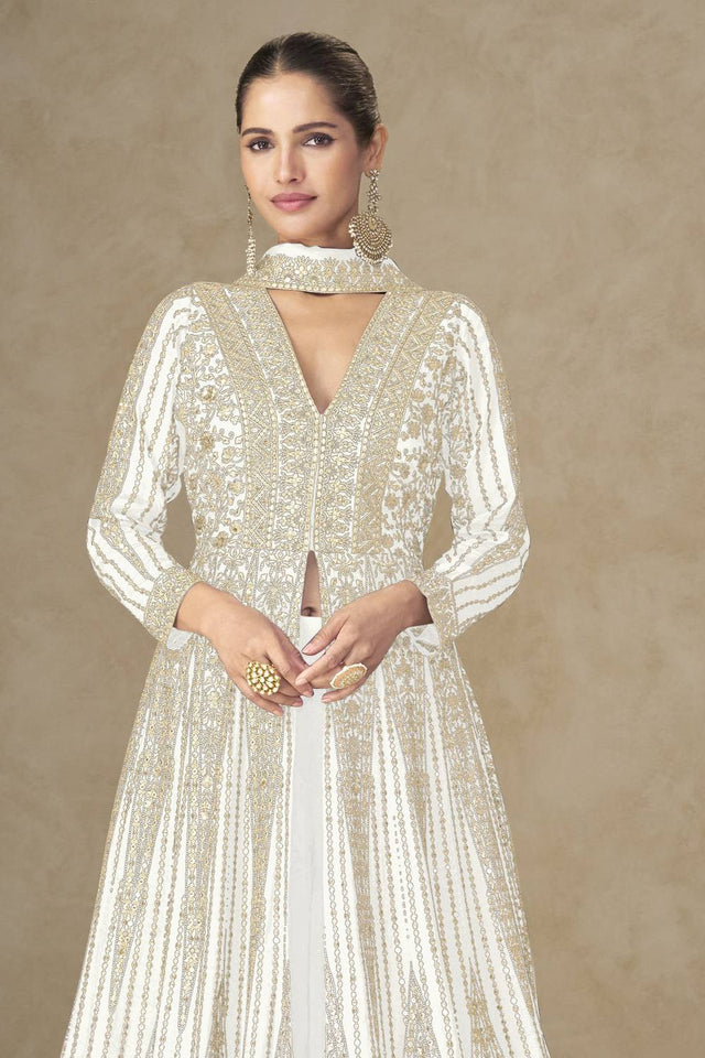 White Sequin with Embroidered Chinon Palazzo Suits