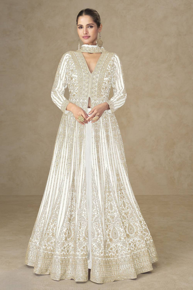 White Sequin with Embroidered Chinon Palazzo Suits