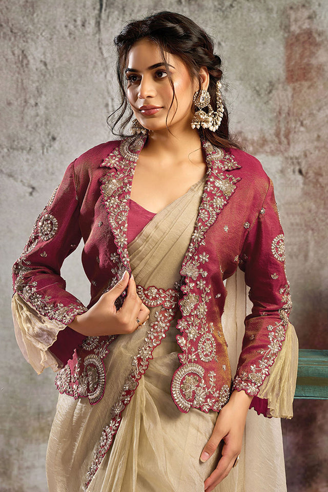 Gold Sequin with Floral Embroidered Organza Ready to Wear Saree (ACA5067)