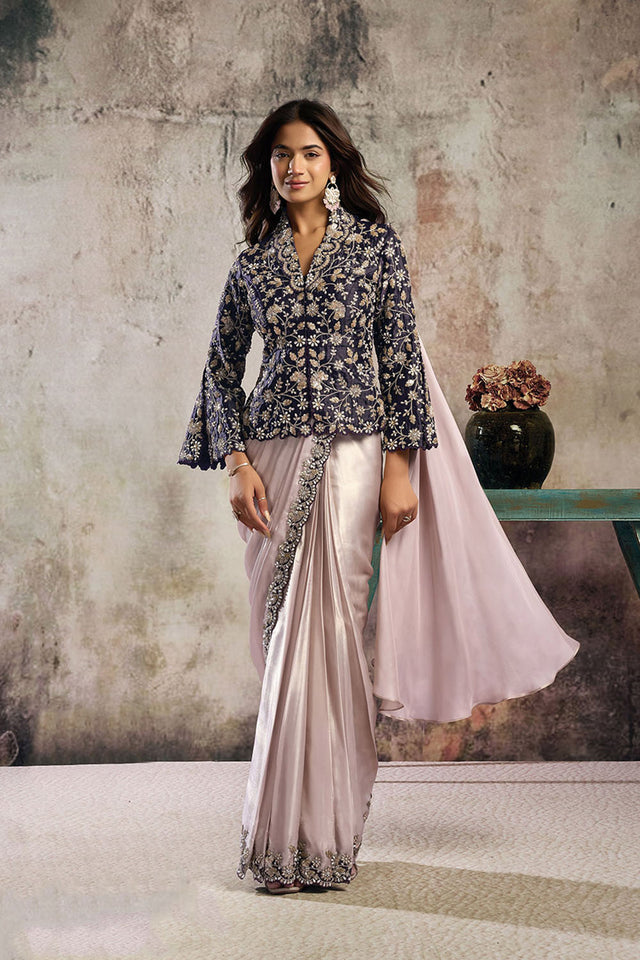 Cream Sequin with Floral Embroidered Satin Ready to Wear Saree