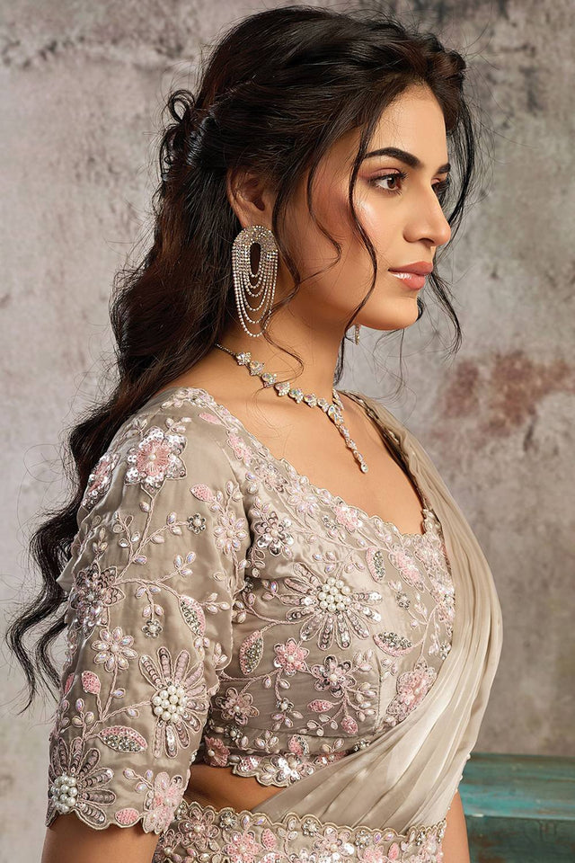 Silver Sequin with Floral Embroidered Satin Ready to Wear Saree (ACA5077)