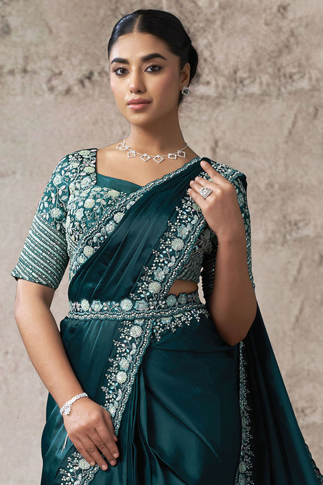 Turquoise Sequin with Floral Embroidered Satin Ready to Wear Saree (ACA5081)