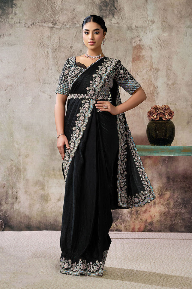 Black Sequin with Floral Embroidered Satin Ready to Wear Saree