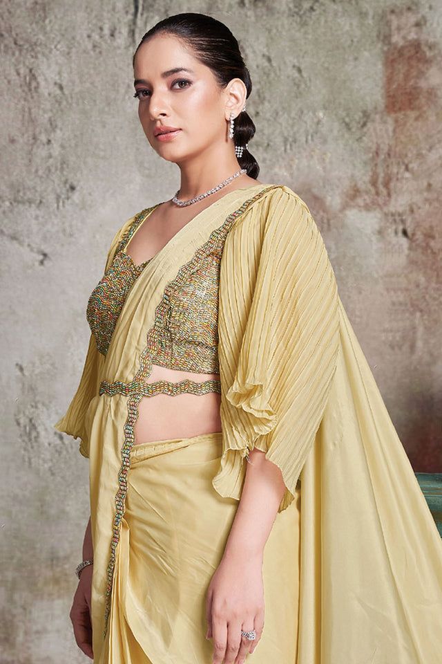 Yellow Solid Satin Ready to Wear Saree (ACA5083)