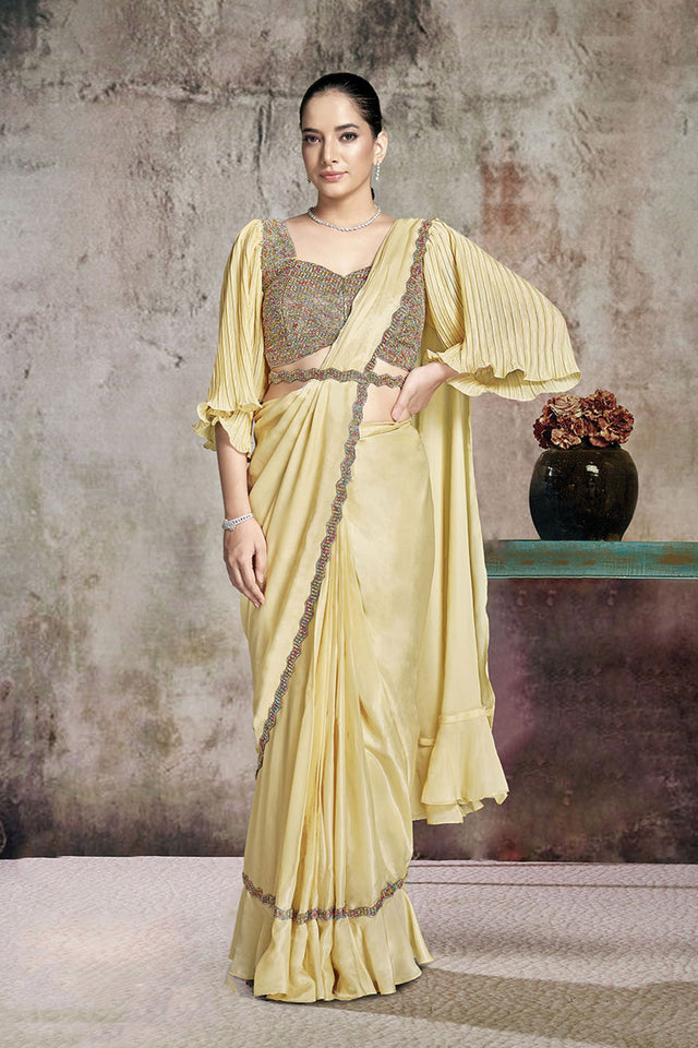 Yellow Solid Satin Ready to Wear Saree (ACA5083)