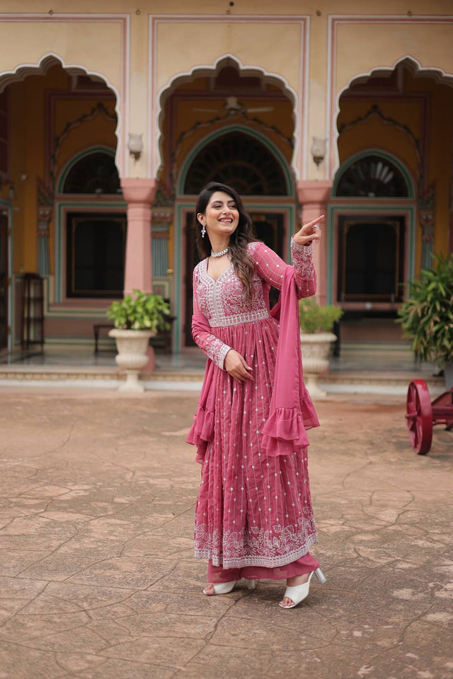 Pink Cotton Georgette Palazzo Suits