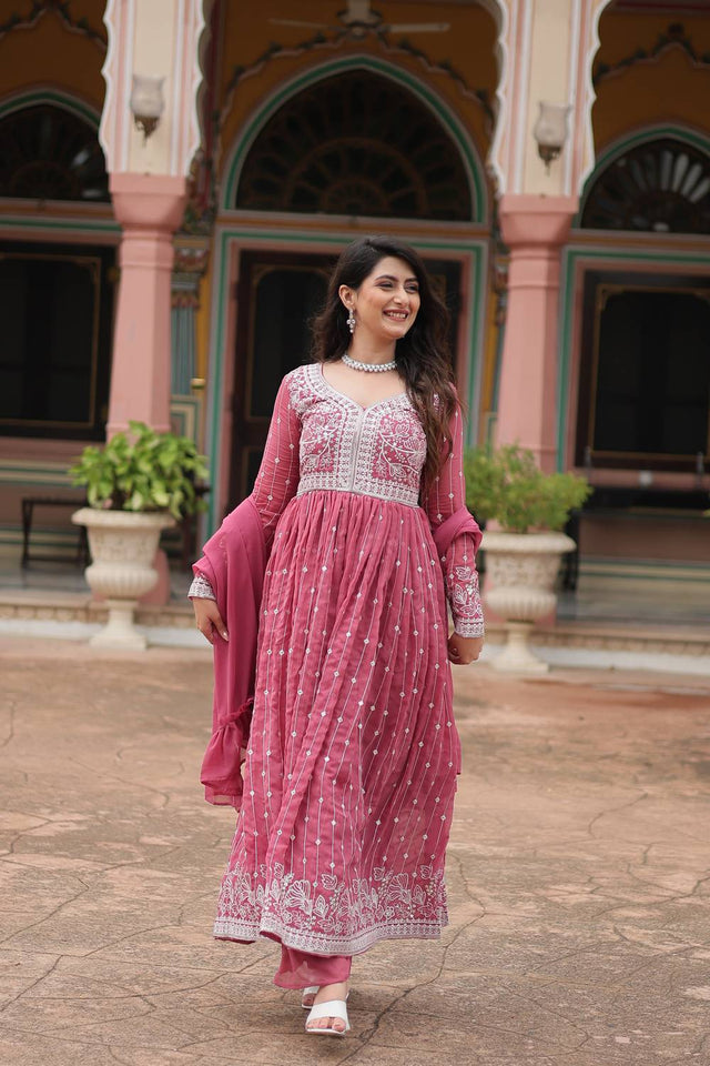 Pink Cotton Georgette Palazzo Suits