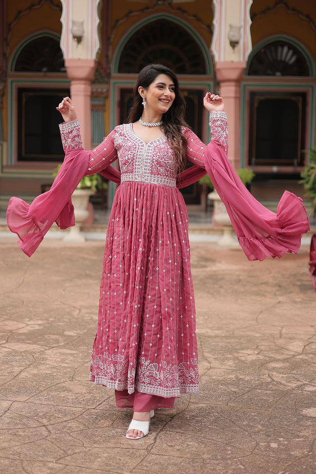 Pink Cotton Georgette Palazzo Suits