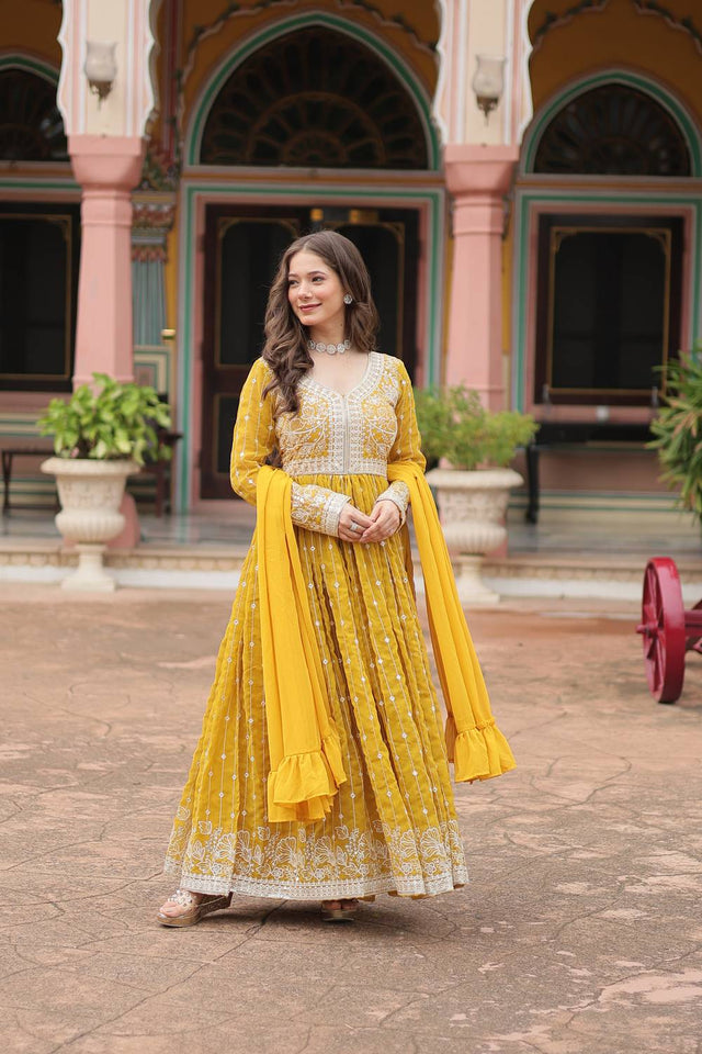 Yellow Cotton Georgette Palazzo Suits