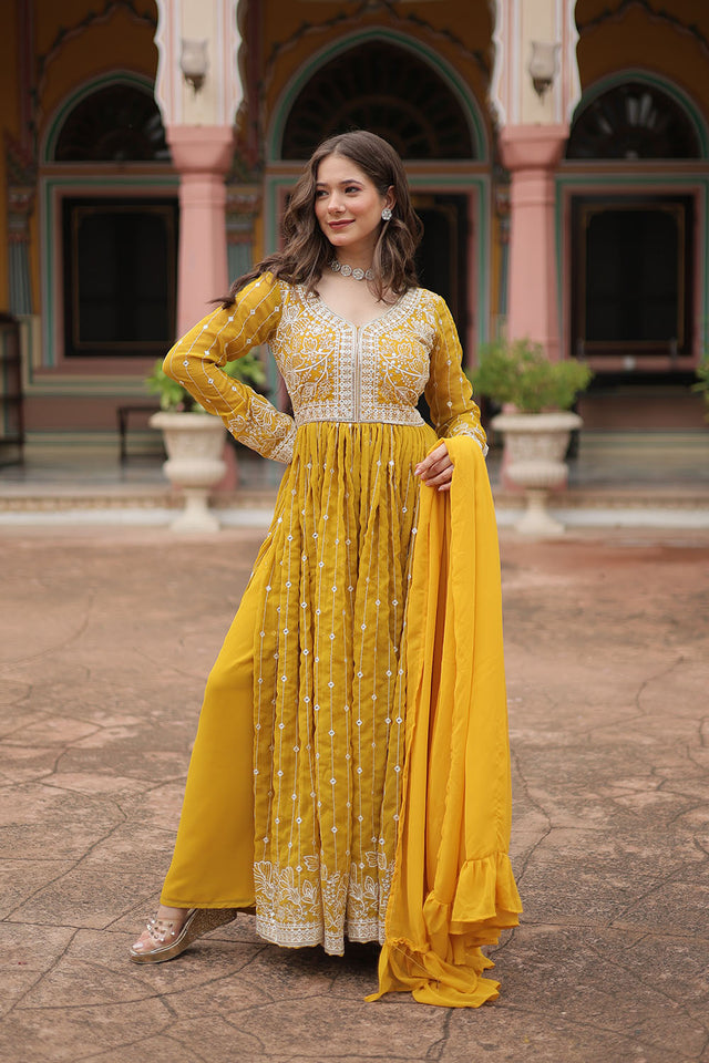 Yellow Cotton Georgette Palazzo Suits