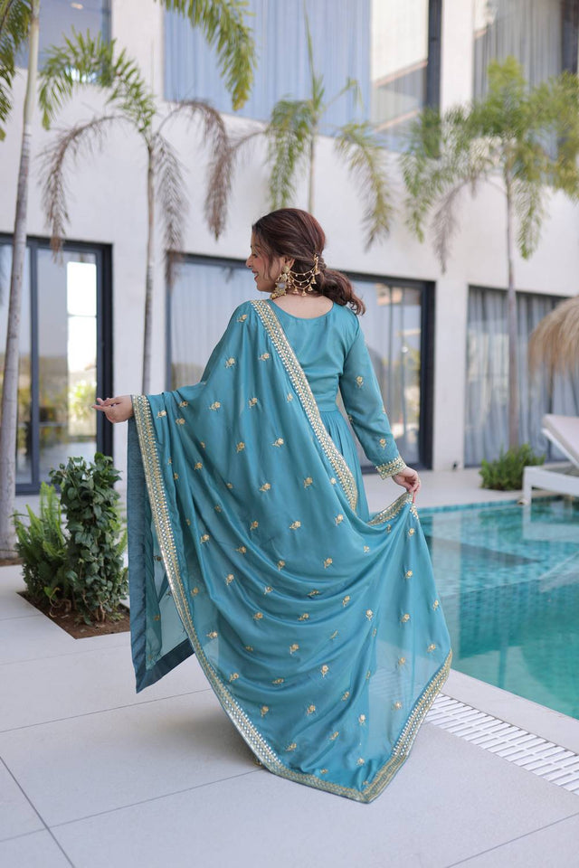 Sky Blue Cotton Silk Palazzo Suits