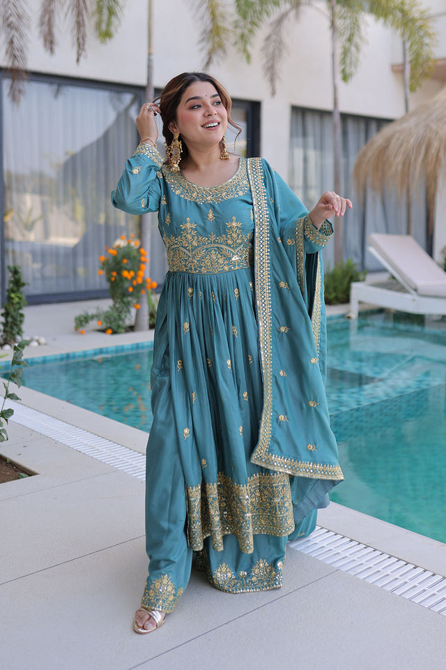 Sky Blue Cotton Silk Palazzo Suits