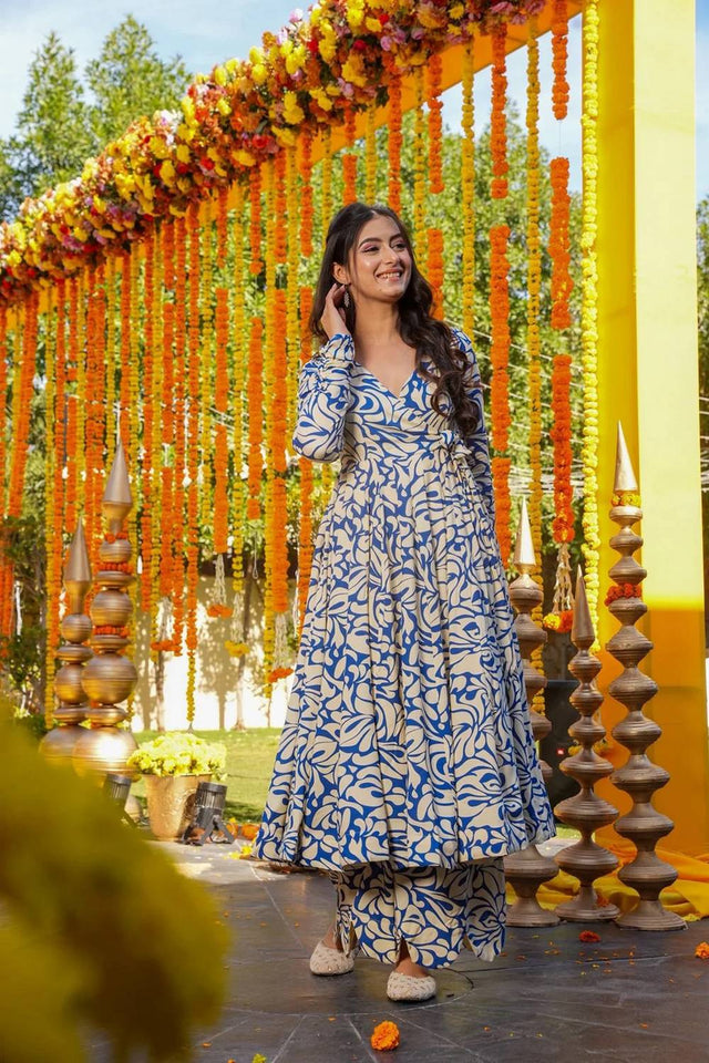 Blue Floral Printed Cotton Kurti Pant Set