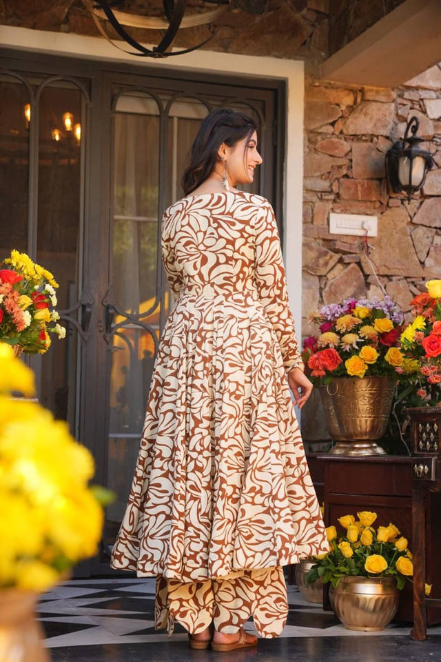 Mustard Floral Printed Cotton Kurti Pant Set