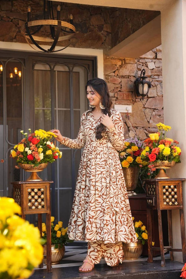 Mustard Floral Printed Cotton Kurti Pant Set